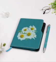 Kişiye Özel Papatya Temalı Turkuaz Termo Deri Defter Kalem Seti-12