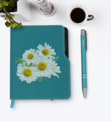 Kişiye Özel Papatya Temalı Turkuaz Termo Deri Defter Kalem Seti-12