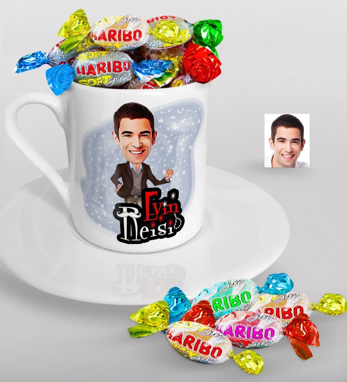 Kişiye Özel Evin Reisi Karikatürlü Türk Kahvesi Fincanı ve Haribo Şeker Hediye Seti-2