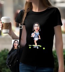 Kişiye Özel Bayan Tenis Oyuncusu Karikatürlü Siyah T-Shirt