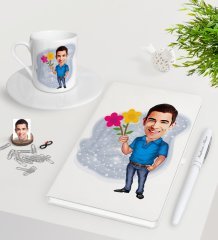 Kişiye Özel Erkek Karikatürlü Beyaz Defter Kalem Türk Kahvesi Fincanı Seti-1