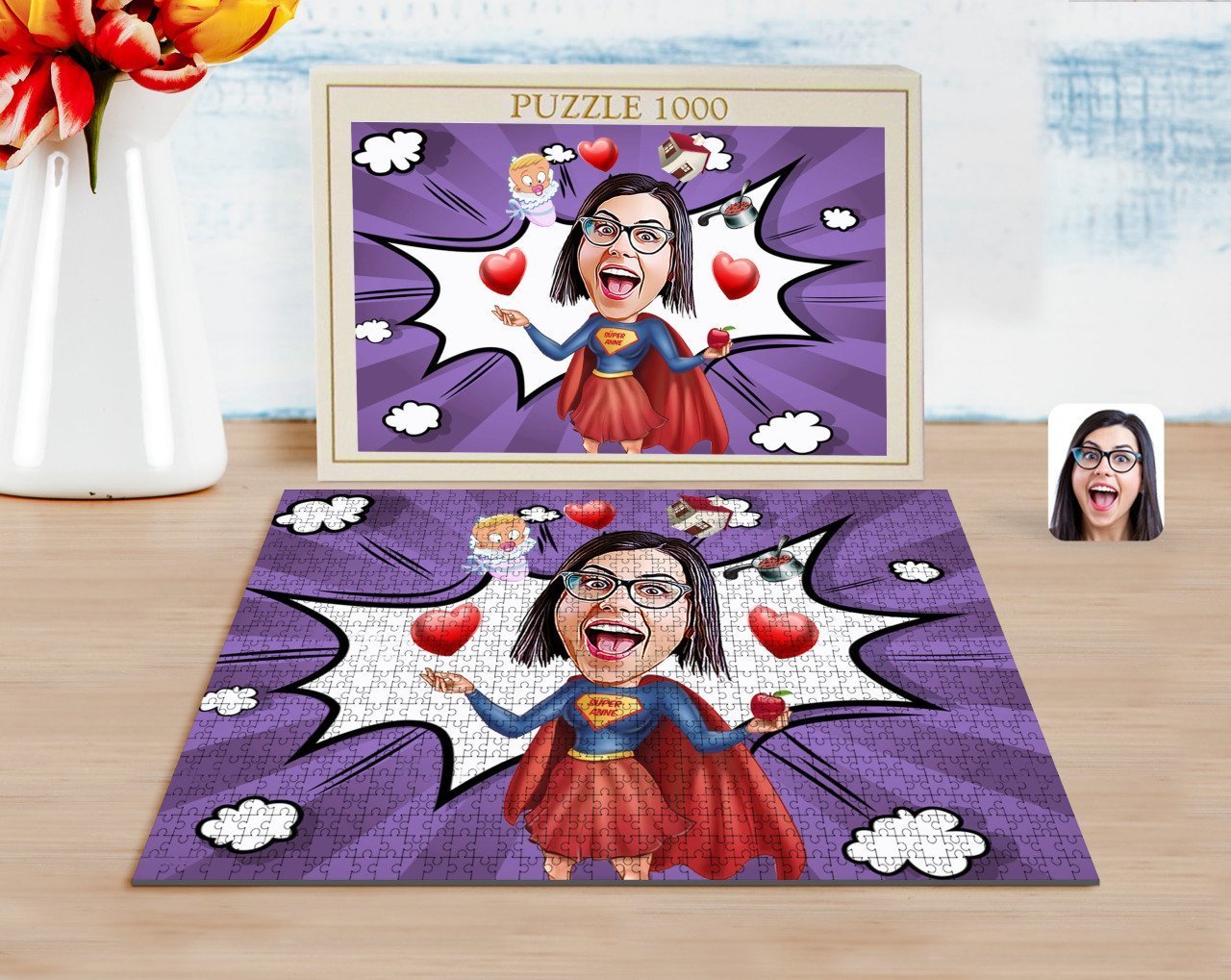 Kişiye Özel Süper Anne Karikatürlü 1000 Parça Profesyonel Puzzle-1