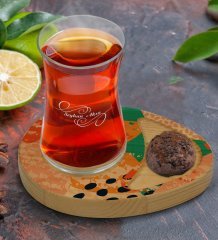 Kişiye Özel Modern Art Tasarımlı Doğal Ahşap Tabaklı Heybeli Çay Bardağı Sunum Seti Model 1
