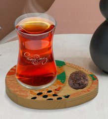 Kişiye Özel Modern Art Tasarımlı Doğal Ahşap Tabaklı Heybeli Çay Bardağı Sunum Seti Model 1