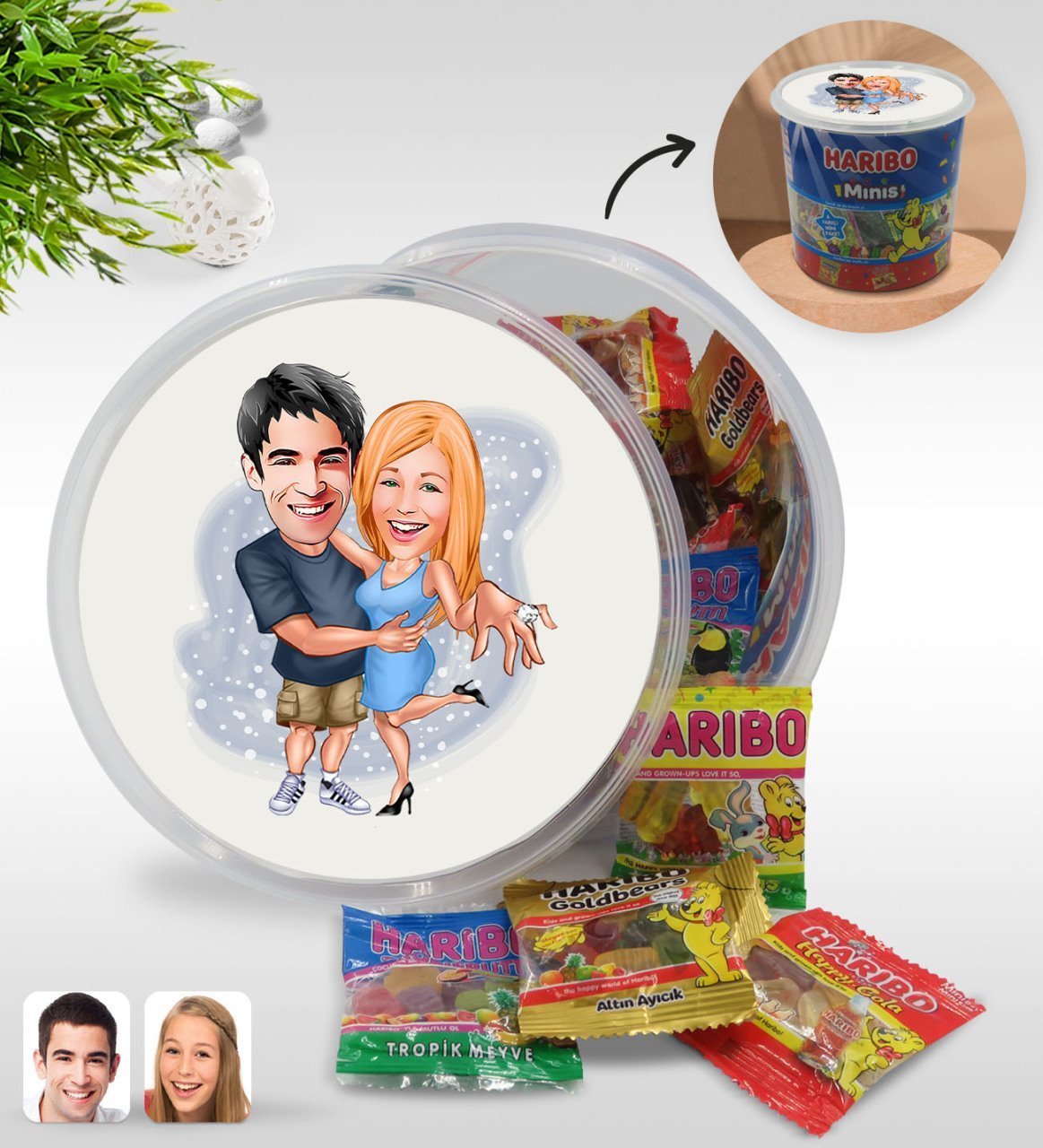 Kişiye Özel Sevgililer Karikatürlü Dev Boy Haribo Minis Kovası (10gx100adet) Model 14