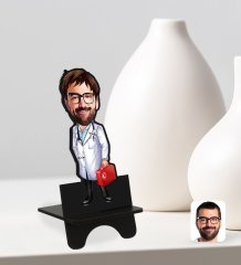Kişiye Özel Erkek Acil Tıp Teknisyeni Karikatürlü Ahşap Biblo Telefon Standı-1