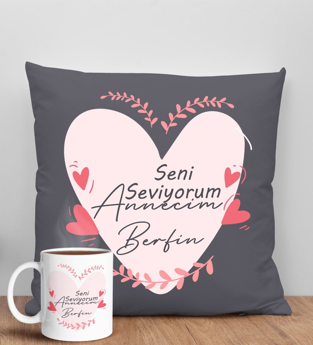 BK Gift Kişiye Özel İsimli Anneler Günü Tasarımlı Antrasit Kırlent Yastık ve Kupa Seti, Anneye Hediye, Ev Dekorasyonu, Anneler Günü Hediyesi-10