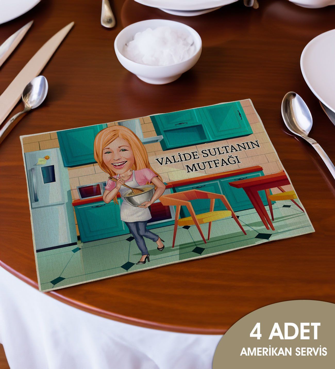 BK Gift Kişiye Özel Karikatürlü 4’li Keten Amerikan Servis Seti-3, Ev Hediyesi,Baskılı Servis Bezi, Mutfak Dekoru