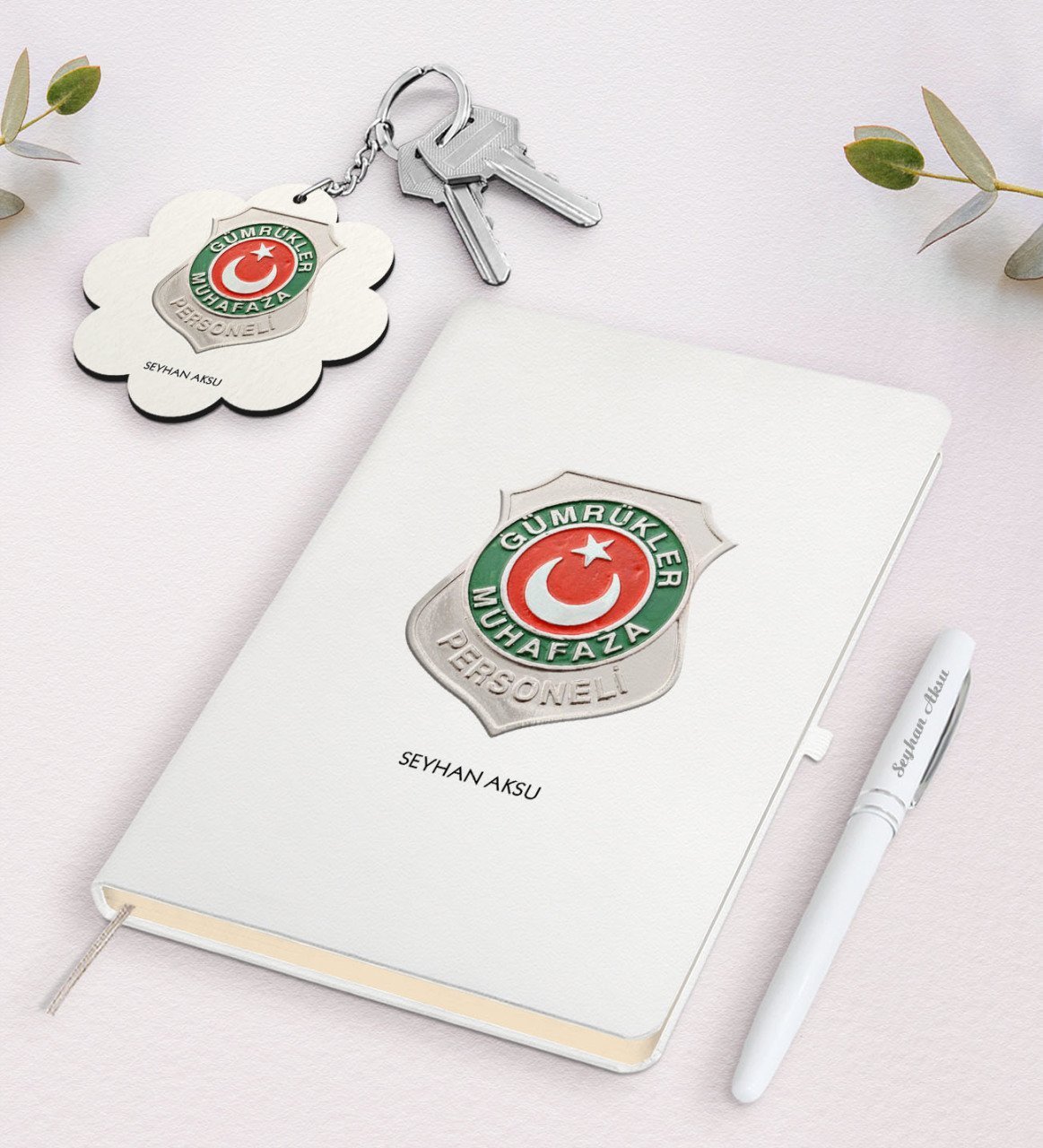 Kişiye Özel Gümrükler Muhafaza Personeli Beyaz Defter Kalem Ve Anahtarlık Hediye Seti