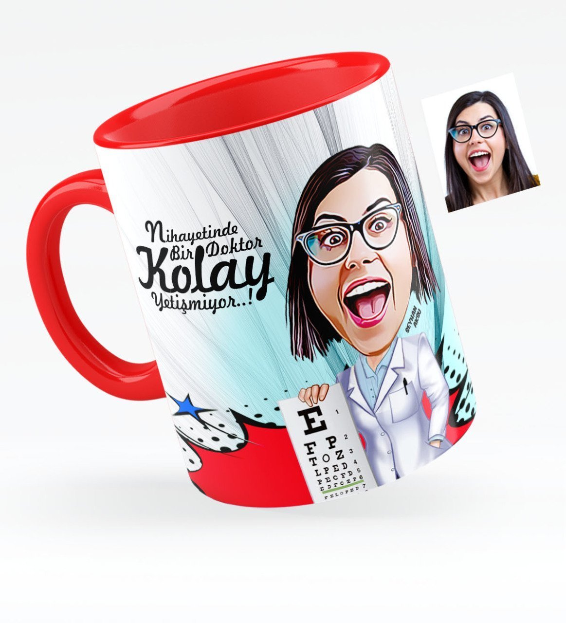 Kişiye Özel Bayan Göz Doktoru Karikatürlü Kırmızı Kupa Bardak - 1