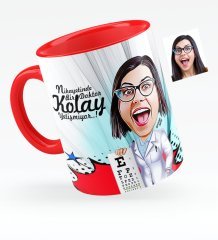 Kişiye Özel Bayan Göz Doktoru Karikatürlü Kırmızı Kupa Bardak - 1
