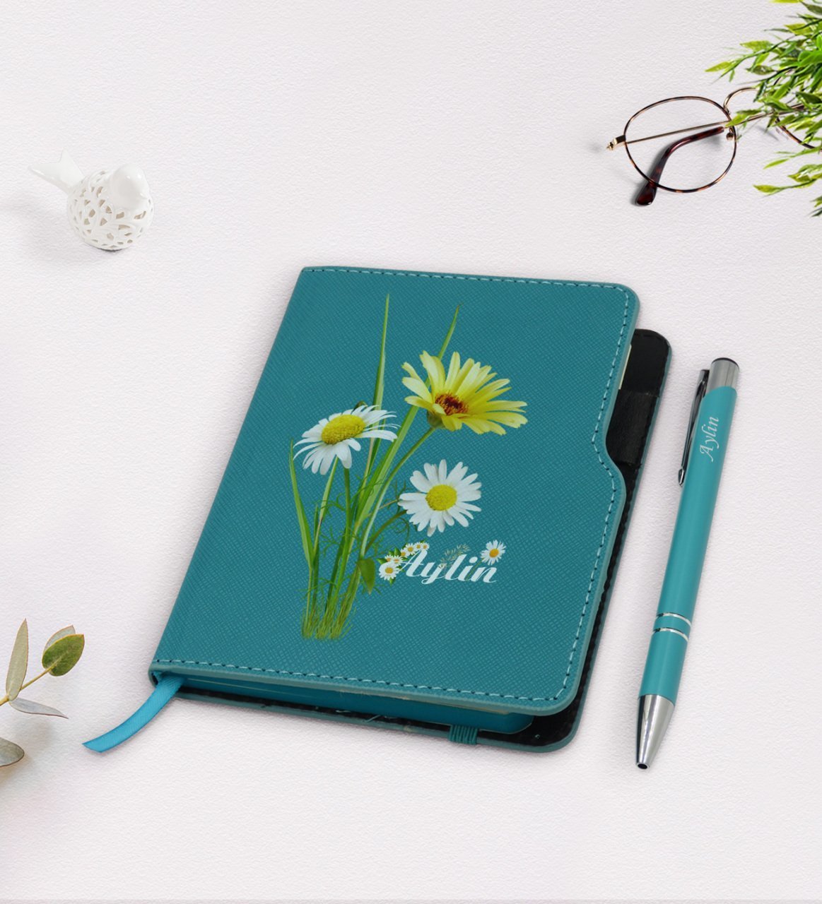 Kişiye Özel Papatya Temalı Turkuaz Termo Deri Defter Kalem Seti-11