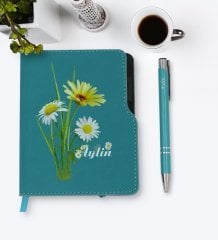Kişiye Özel Papatya Temalı Turkuaz Termo Deri Defter Kalem Seti-11