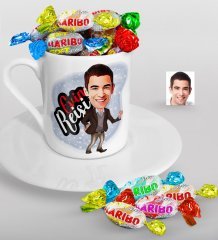 Kişiye Özel Evin Reisi Karikatürlü Türk Kahvesi Fincanı ve Haribo Şeker Hediye Seti-1