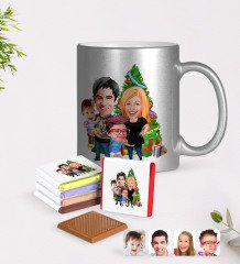 Kişiye Özel Yeni Yıl Aile Karikatürlü Krom Kupa ve Çikolata Hediye Seti-5