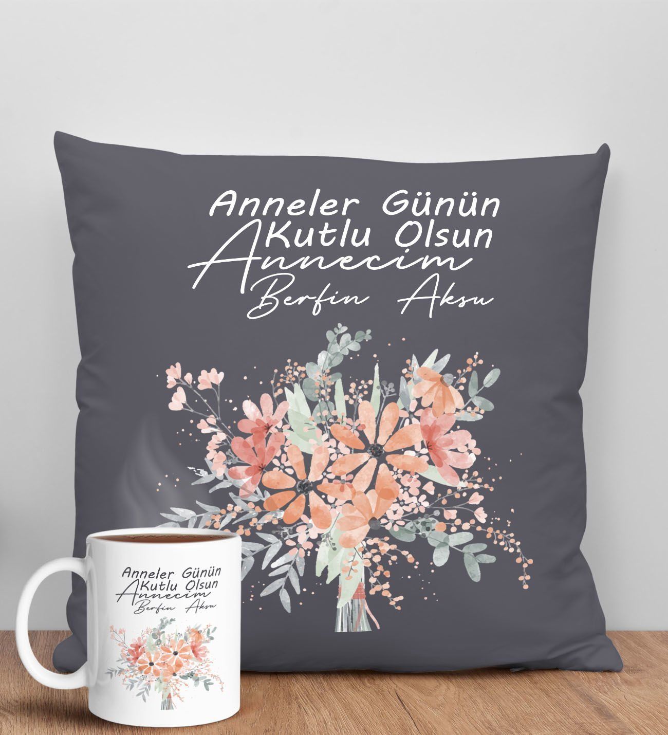 BK Gift Kişiye Özel İsimli Anneler Günü Tasarımlı Antrasit Kırlent Yastık ve Kupa Seti, Anneye Hediye, Ev Dekorasyonu, Anneler Günü Hediyesi-9