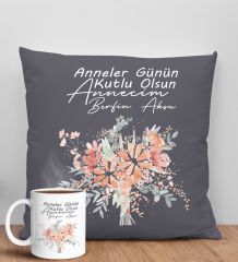 BK Gift Kişiye Özel İsimli Anneler Günü Tasarımlı Antrasit Kırlent Yastık ve Kupa Seti, Anneye Hediye, Ev Dekorasyonu, Anneler Günü Hediyesi-9
