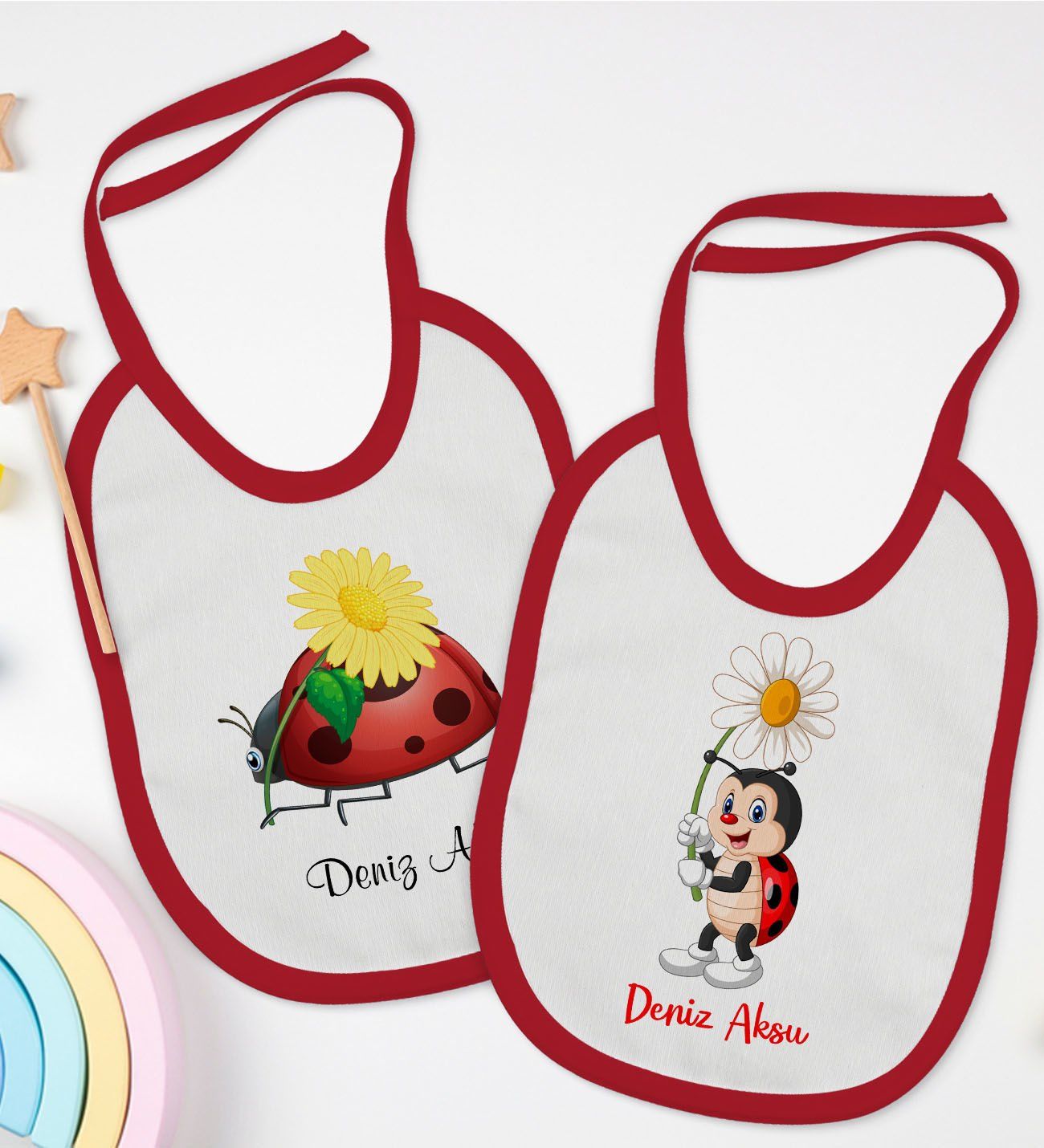 BK Kids Kişiye Özel Uğur Böceği Tasarımlı 2’li Kırmızı Mama Önlüğü-2