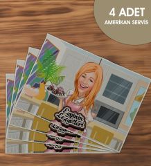 BK Gift Kişiye Özel Karikatürlü 4’li Keten Amerikan Servis Seti-2, Ev Hediyesi,Baskılı Servis Bezi, Mutfak Dekoru