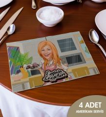 BK Gift Kişiye Özel Karikatürlü 4’li Keten Amerikan Servis Seti-2, Ev Hediyesi,Baskılı Servis Bezi, Mutfak Dekoru