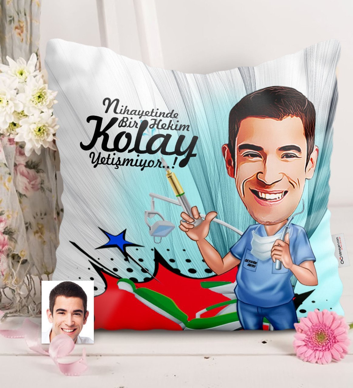 Kişiye Özel Bay Diş Hekimi Karikatürlü Saten Yastık - 4