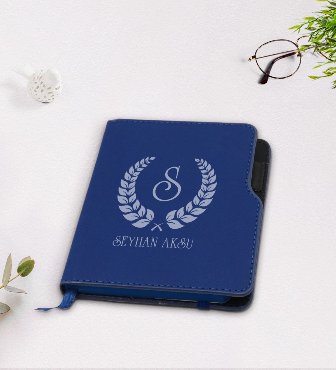 Kişiye Özel Çelenk Baş Harfli İsimli Lacivert Termo Deri Defter-1