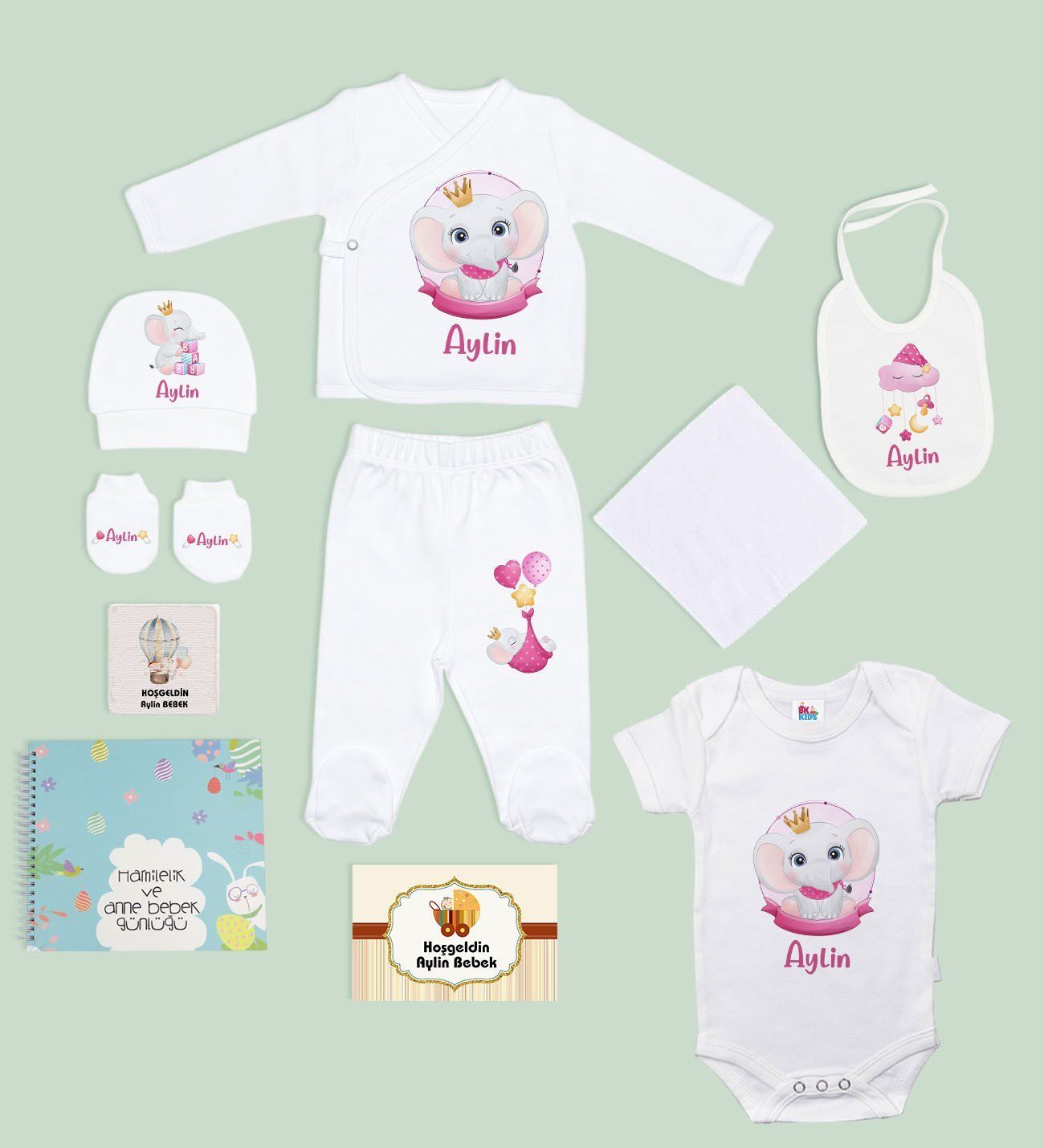 BK Kids Kişiye Özel Beyaz Yeni Doğan Hastane Çıkışı, Anne-Bebek Günlüğü, Bebek Body Zıbın, 10 Parça Bebek Hediye Seti-2