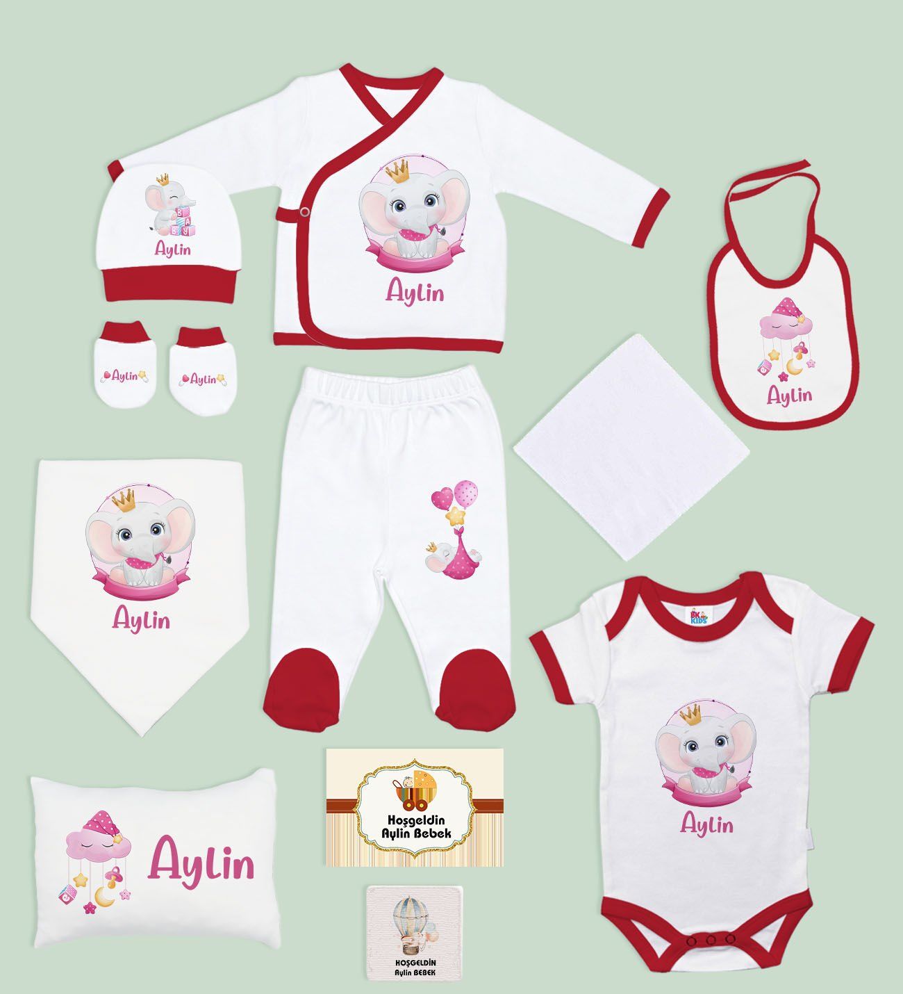 BK Kids Kişiye Özel 11 Parça Kırmızı Hastane Çıkışı Body Zıbın Battaniye ve Yastık Hediye Seti-4