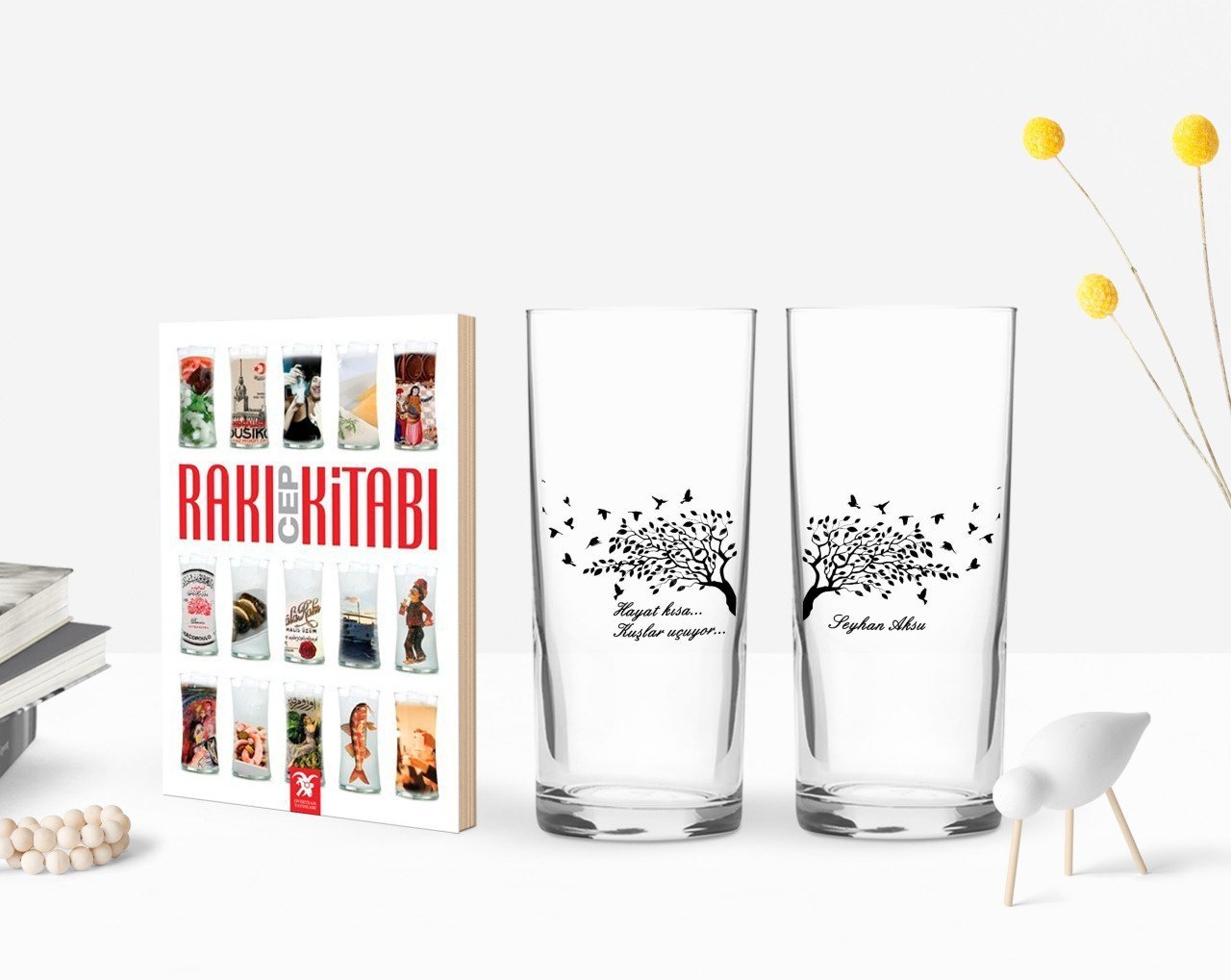 Kişiye Özel Renkli Baskılı Hayat Kısa Kuşlar Uçuyor Tasarımlı İkili Rakı Bardağı ve Rakı Cep Kitabı Hediye Seti-1