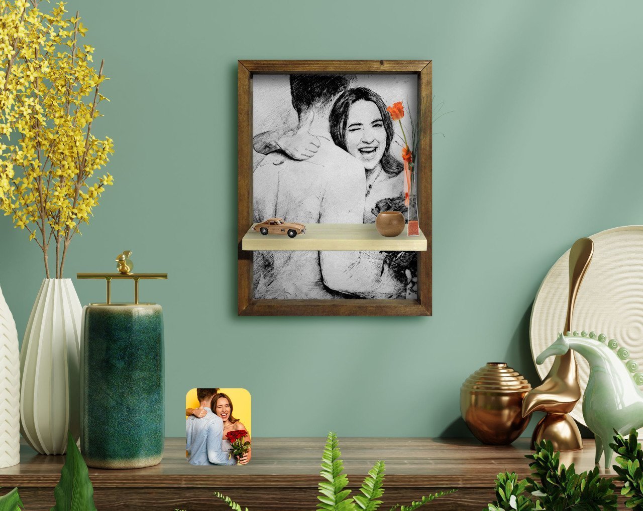 BK Home Sevgililer Fotoğraflı Doğal Masif Ahşap Çerçeveli Karakalem Tasarımlı Tablo Duvar Rafı-1