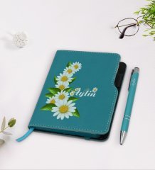 Kişiye Özel Papatya Temalı Turkuaz Termo Deri Defter Kalem Seti-8