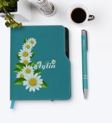 Kişiye Özel Papatya Temalı Turkuaz Termo Deri Defter Kalem Seti-8