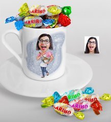 Kişiye Özel Ev Hanımı Karikatürlü Türk Kahvesi Fincanı ve Haribo Şeker Hediye Seti-3