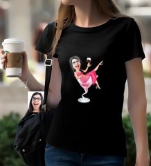 Kişiye Özel Bayan Patroniçe Karikatürlü Siyah T-Shirt