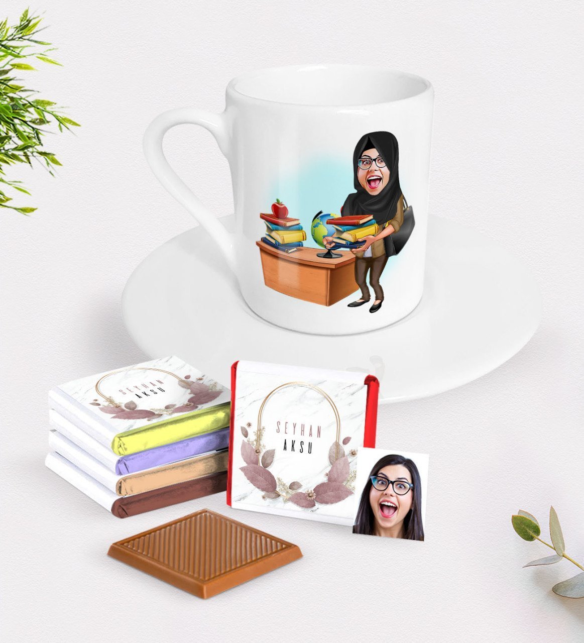 Kişiye Özel Bayan Öğretmen Karikatürlü Türk Kahvesi Fincanı ve Çikolata Hediye Seti-8