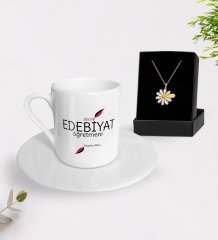 Kişiye Özel Edebiyat Öğretmeni Türk Kahvesi Fincanı ve İsimli Papatya Kolye Hediye Seti-5