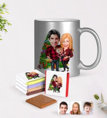 Kişiye Özel Yeni Yıl Aile Karikatürlü Krom Kupa ve Çikolata Hediye Seti-4