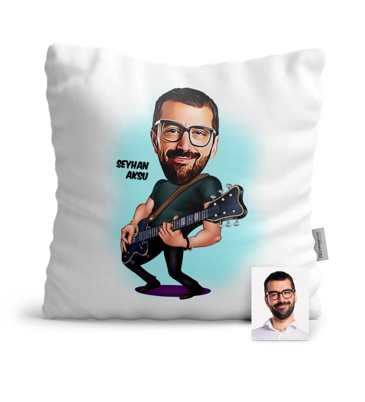 Kişiye Özel Gitarist Karikatür Saten Yastık - 1