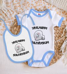 BK Kids Yıkılmadım Dinleniyorum Tasarımlı Mavi Bebek Body Zıbın ve Mama Önlüğü Hediye Seti-1