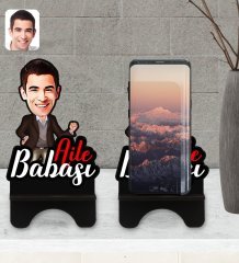 Kişiye Özel Aile Babası Karikatürlü Ahşap Biblo Telefon Standı-1