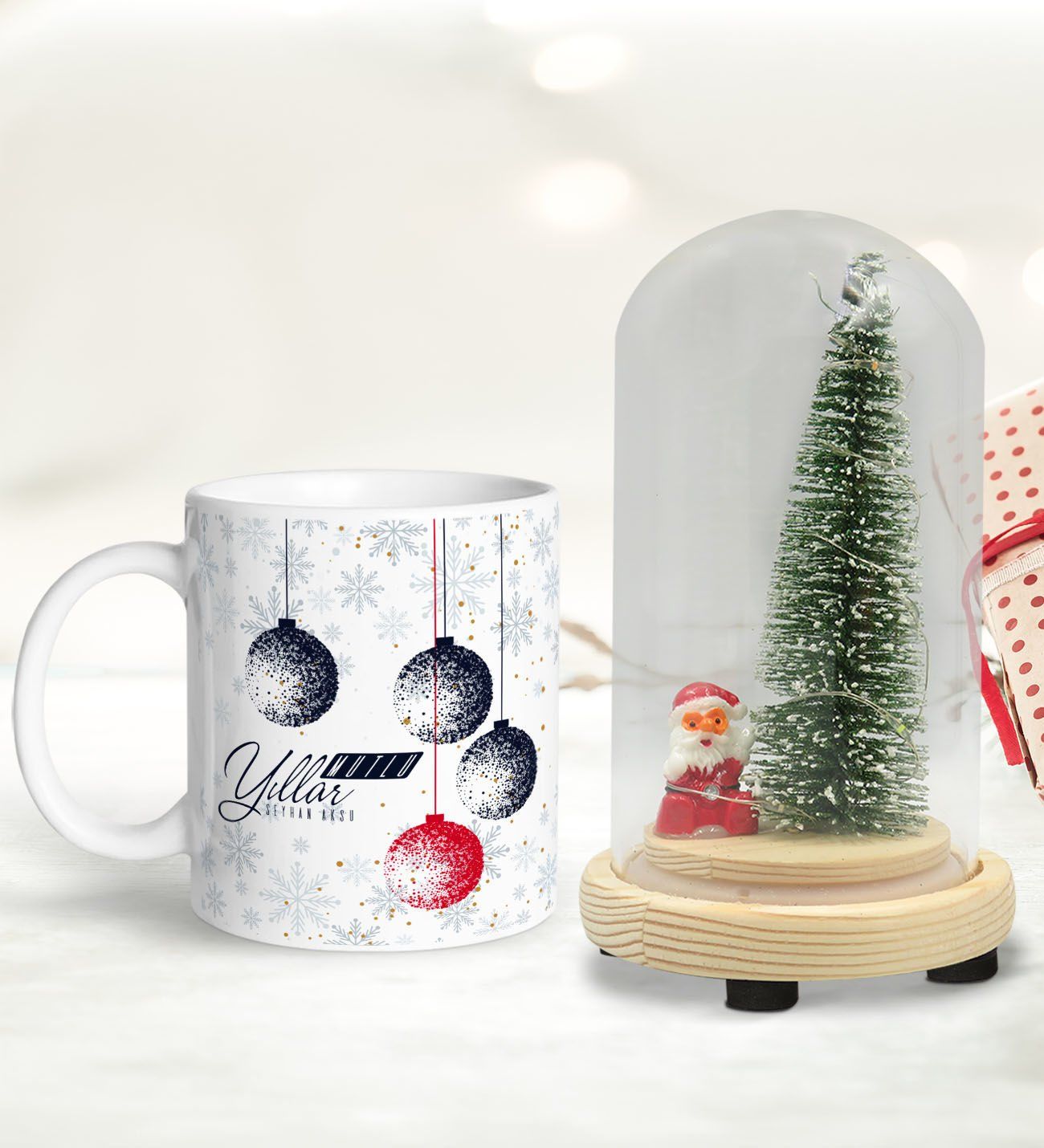 BK Gift Kişiye Özel Yılbaşı Temalı Işıklı Fanus Biblo ve Kupa Hediye Seti-7