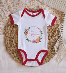 BK Kids Kişiye Özel Çiçek Tasarımlı Kırmızı Bebek Body Zıbın-10