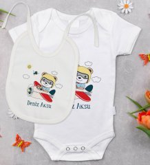 BK Kids Kişiye Özel Sevimli Pilot Tasarımlı Bebek Body Zıbın ve Mama Önlüğü Hediye Seti - Model 1