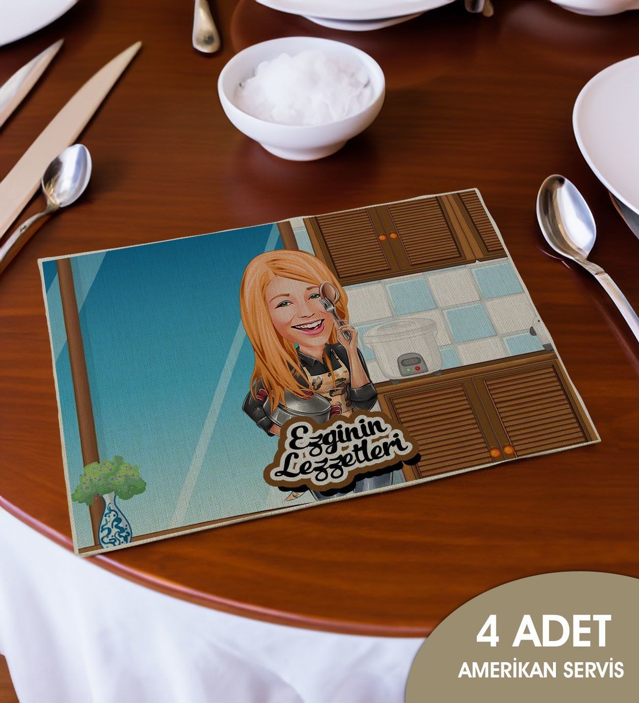 BK Gift Kişiye Özel Karikatürlü 4’li Keten Amerikan Servis Seti-1, Ev Hediyesi,Baskılı Servis Bezi, Mutfak Dekoru