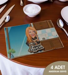 BK Gift Kişiye Özel Karikatürlü 4’li Keten Amerikan Servis Seti-1, Ev Hediyesi,Baskılı Servis Bezi, Mutfak Dekoru