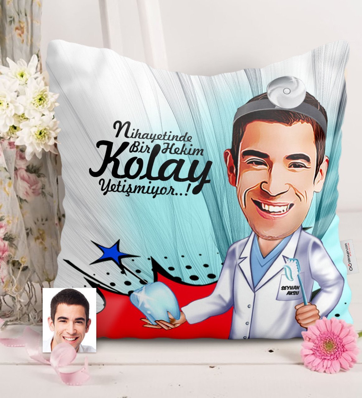 Kişiye Özel Bay Diş Hekimi Karikatürlü Saten Yastık - 3