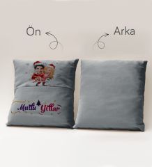 BK Gift Kişiye Özel Yılbaşı Karikatür Tasarımlı Organizer Kumanda ve Atıştırmalık Cepli Gri Kırlent Yastık- 2, Yılbaşı Hediyesi, Yeni Yıl Hediyeleri