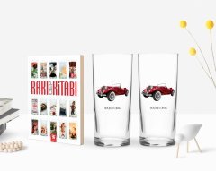 Kişiye Özel Renkli Baskılı Retro Otomobil Tasarımlı İkili Rakı Bardağı ve Rakı Cep Kitabı Hediye Seti-4
