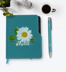 Kişiye Özel Papatya Temalı Turkuaz Termo Deri Defter Kalem Seti-4