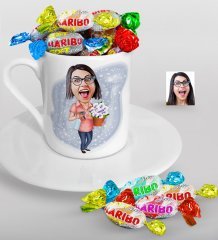 Kişiye Özel Ev Hanımı Karikatürlü Türk Kahvesi Fincanı ve Haribo Şeker Hediye Seti-2